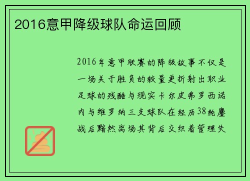 2016意甲降级球队命运回顾